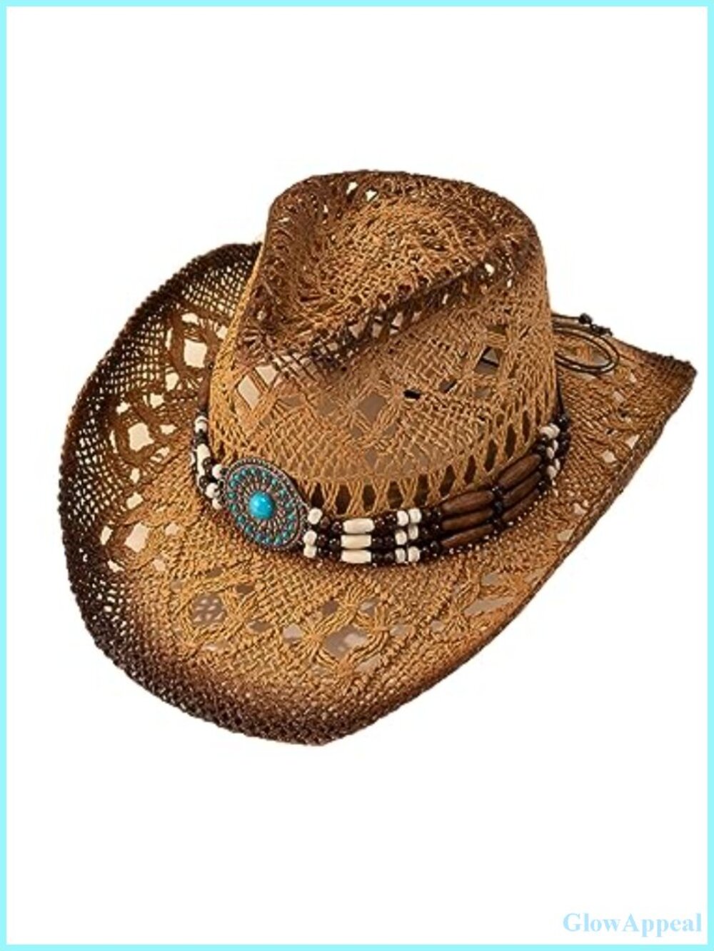 Cowboy Straw Hat with Ombre Bead Trim Summer Sun Hat Hollow Out Party